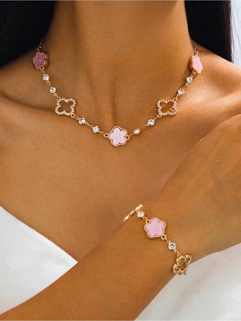 New Gold and Pink Clover Necklace and Bracelet Set